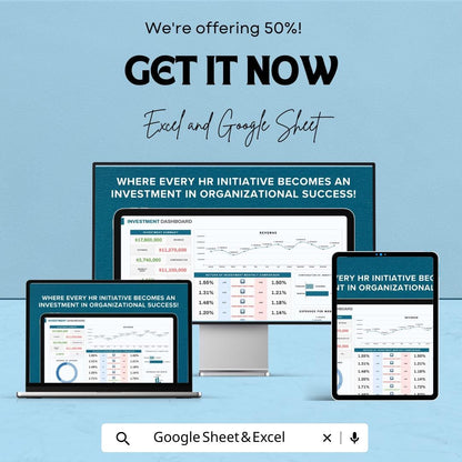HR Return on Investment Dashboard - Excel and Google Sheet - Track HR Performance & Investment Efficiency - Employee Data Analytics Template