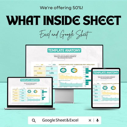 PPC ROI Analysis Sheet | Advertising Campaign Tracker | Google Sheets & Excel | Conversion Rate Report | ROI Dashboard