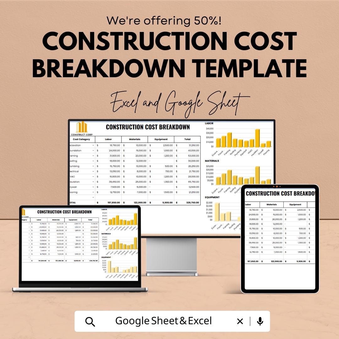 Construction Cost Breakdown Template Excel & Google Sheets | Construction Budget Spreadsheet | Project Cost Estimator