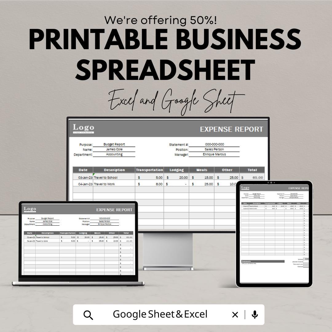 Printable Business Spreadsheet | Expense Report | Budget Tracker | Small Business Finance Planner | Editable Sheet