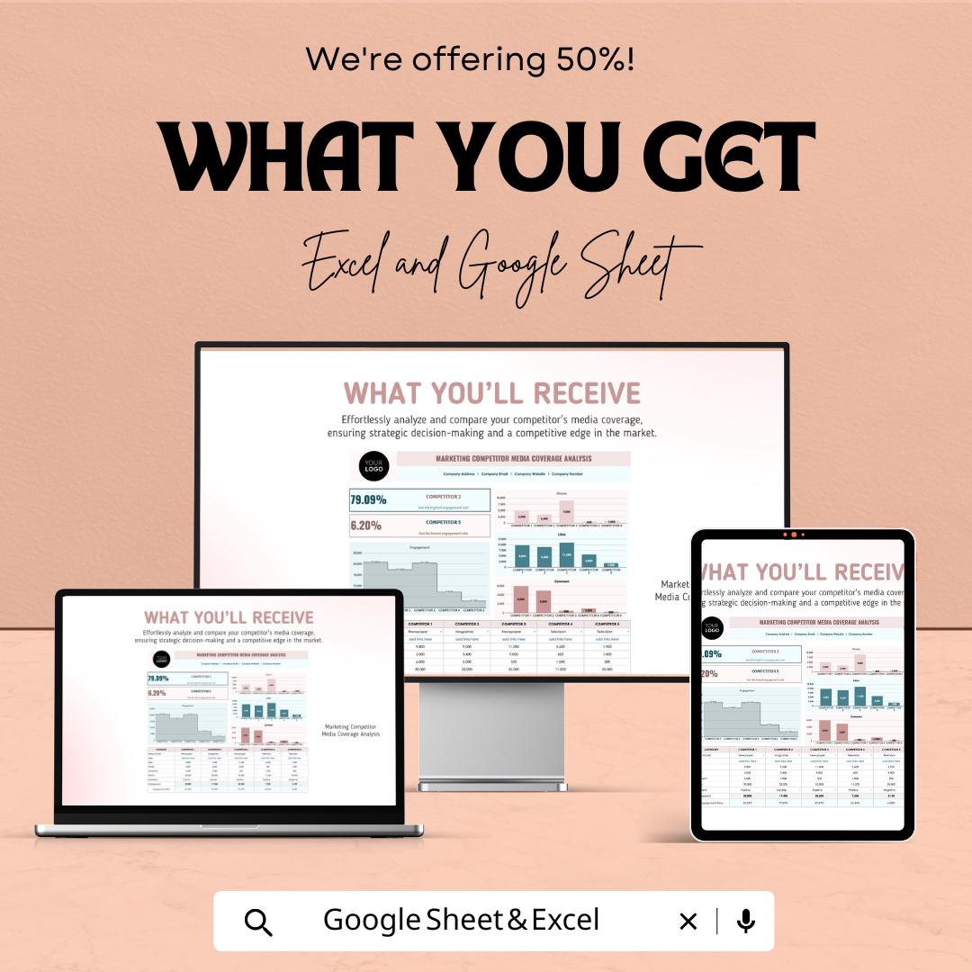 Marketing Competitor Media Coverage Analysis Sheet | Google Sheets  | Media Tracking and Competitor Analysis | ROI and Engagement Metrics