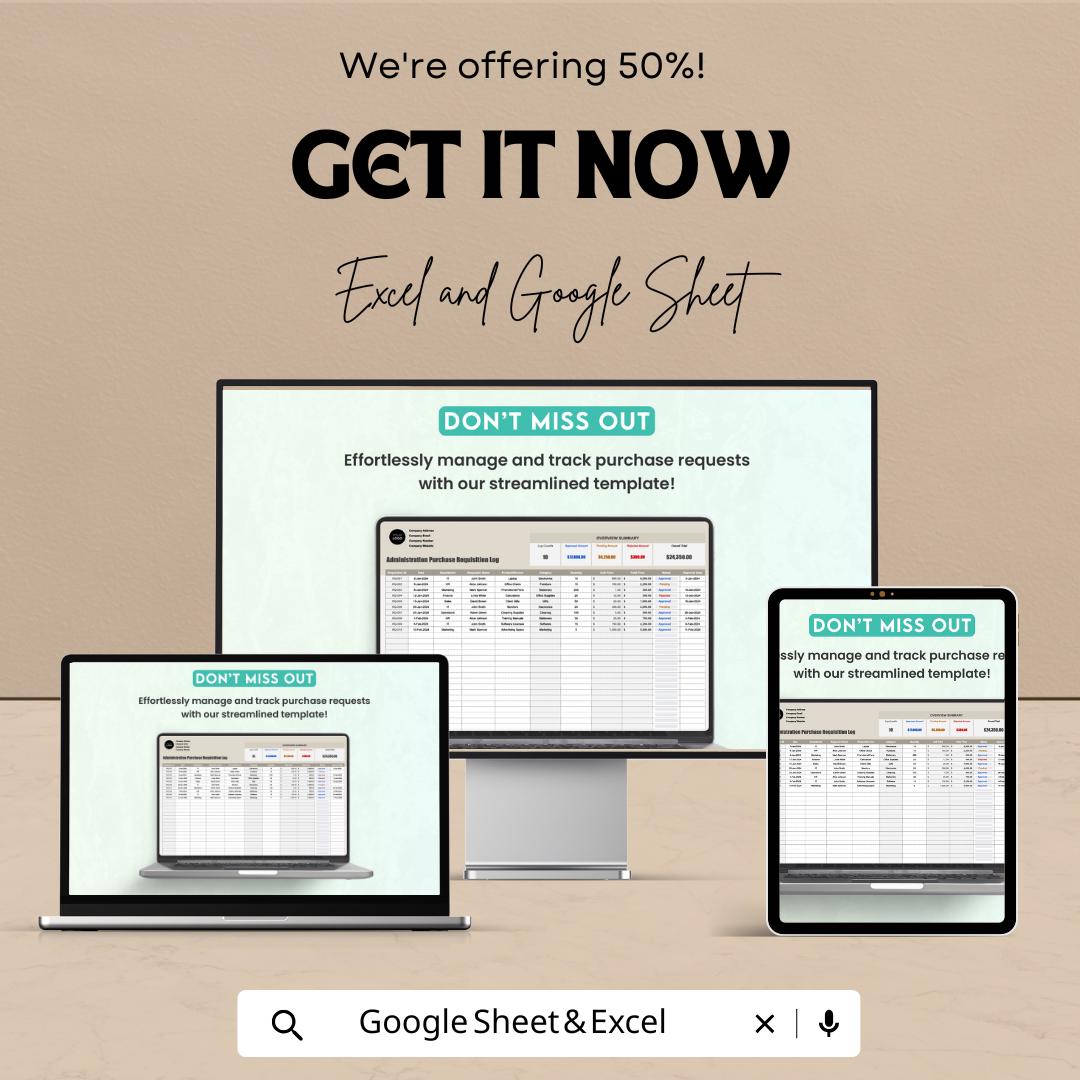 Administration Purchase Requisition Log Template, Purchase Request Tracker, Procurement Log Spreadsheet, Excel & Google Sheets