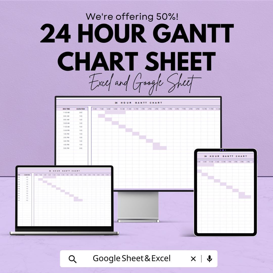 24 Hour Gantt Chart Sheet for Excel & Google Sheets | Project Planner | Time Management Template | Instant Download