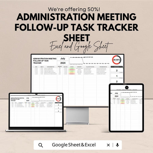 Administration Meeting Follow-Up Task Tracker Sheet | Excel and Google Sheet | Task Management & Progress Tracking | Meeting Notes Template