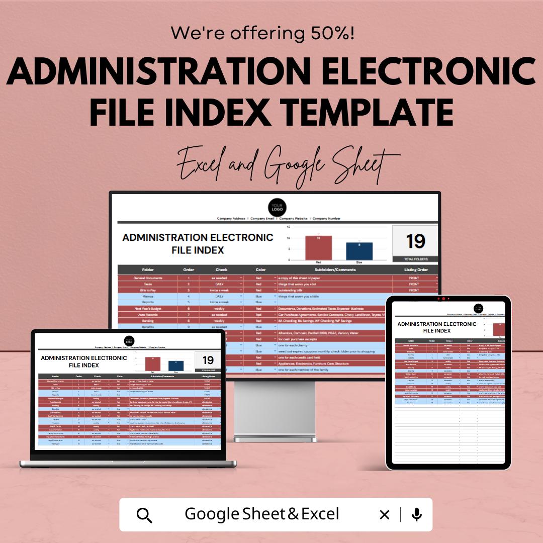 Administration Electronic File Index Template | Digital File Index for Excel & Google Sheets | Office Document Organizer