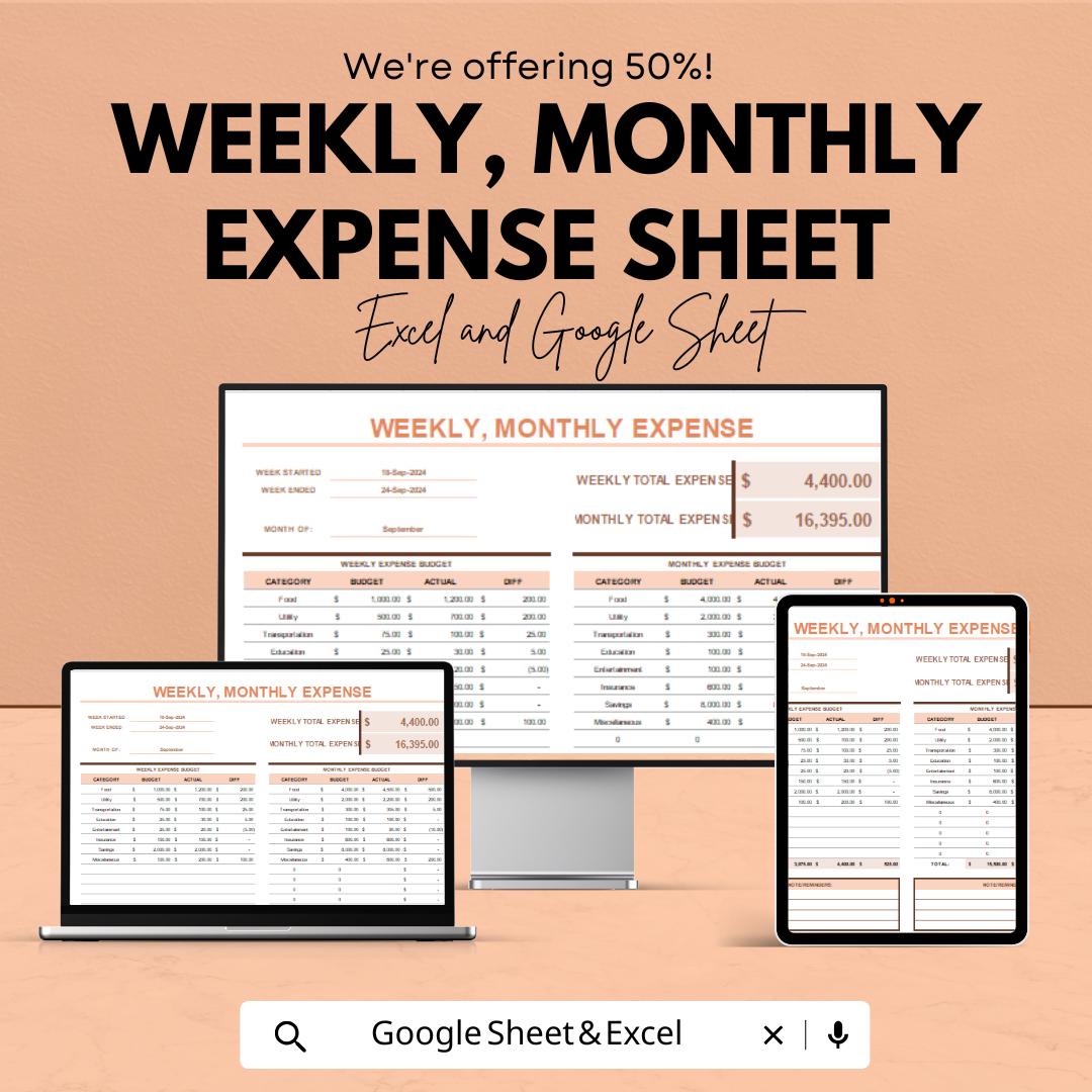 Weekly Monthly Expense Sheet | Budget Tracker for Excel & Google Sheets | Editable Digital Finance Planner | Instant Download