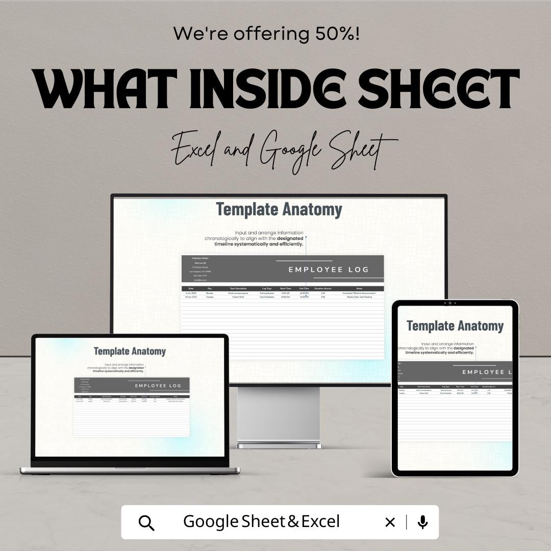 Employee Log Sheet Template Excel, Work Hours Tracker, Staff Daily Log, Attendance and Task Tracker, Google Sheets HR Spreadsheet