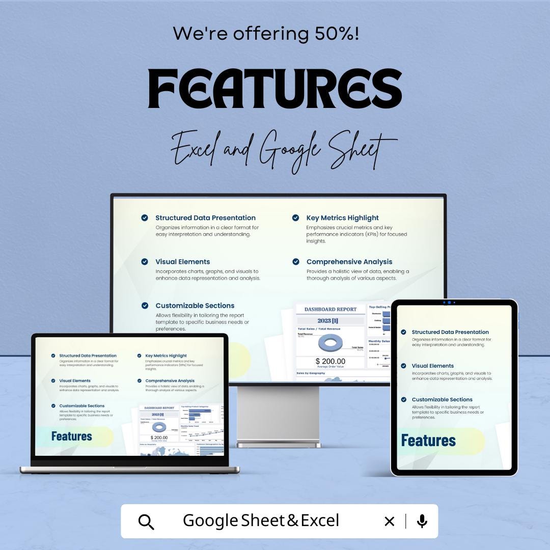 Dashboard Report Template | Excel & Google Sheets | KPI Dashboard | Business Analytics | Sales Report Template | Data Visualization Tool