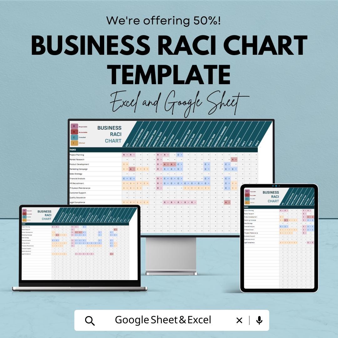 Business RACI Chart Template | Project Responsibility Matrix | Team Roles and Task Assignment Tracker | Excel and Google Sheets Template