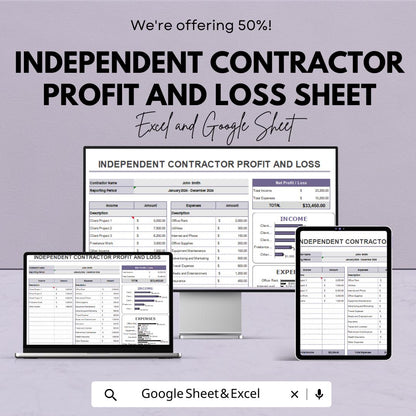 Independent Contractor Profit and Loss Sheet | Google Sheets Template | Income and Expense Tracker | Tax Preparation & Financial Planning |