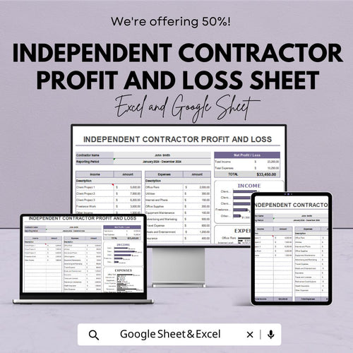 Independent Contractor Profit and Loss Sheet | Google Sheets Template | Income and Expense Tracker | Tax Preparation & Financial Planning |