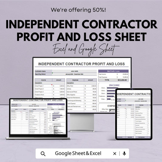 Independent Contractor Profit and Loss Sheet | Google Sheets Template | Income and Expense Tracker | Tax Preparation & Financial Planning |