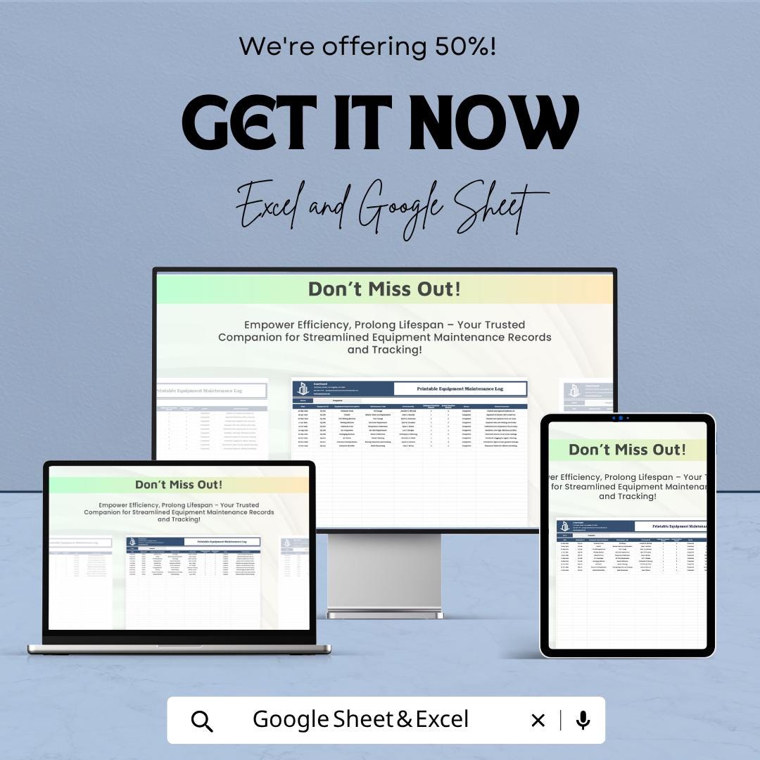 Equipment Maintenance Log Template | Preventive Maintenance Checklist | Maintenance Record Sheet | Excel & Google Sheets | Equipment Service