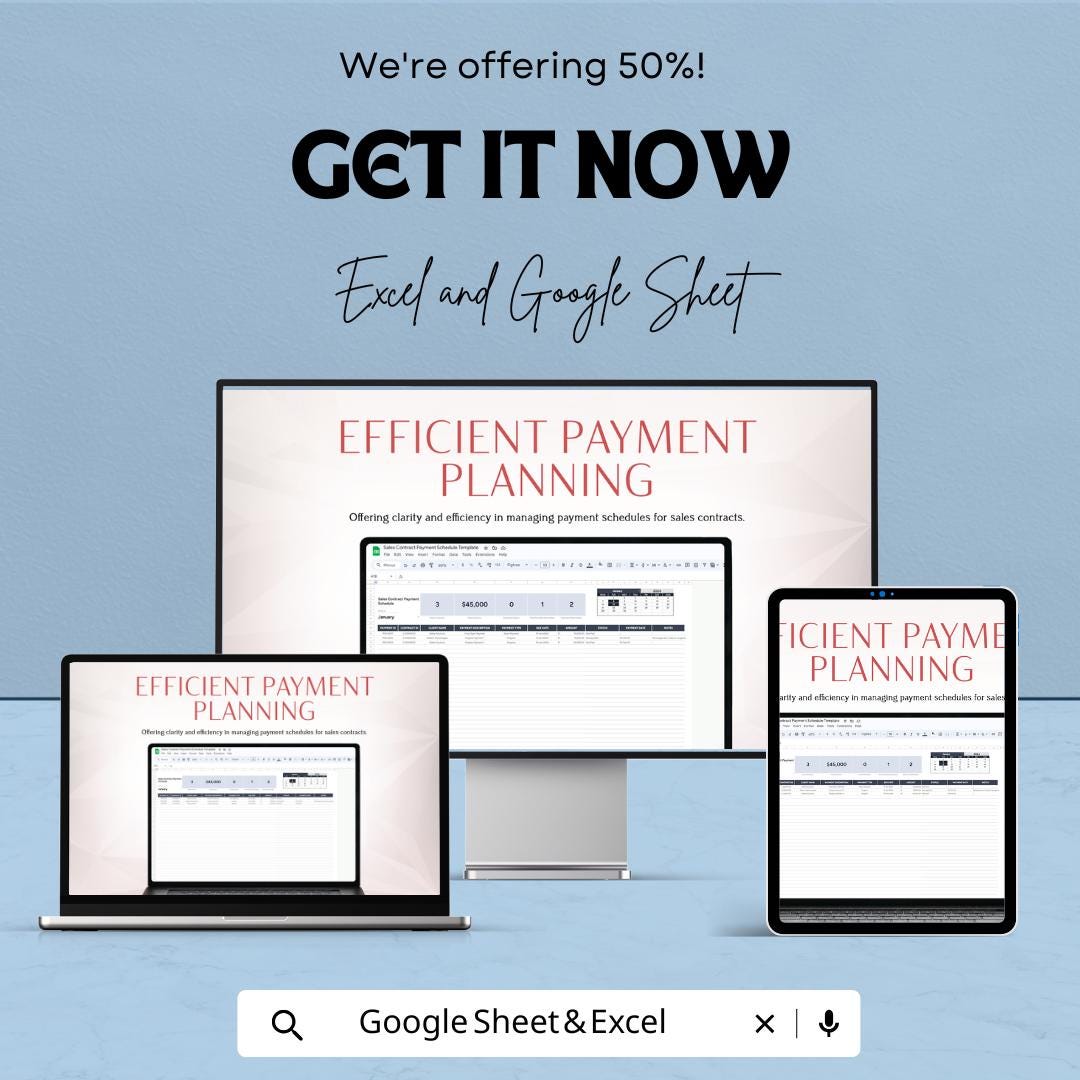 Sales Contract Payment Schedule Template, Excel & Google Sheets, Client Payment Tracker, Installment Planner, Business Contract Spreadsheet