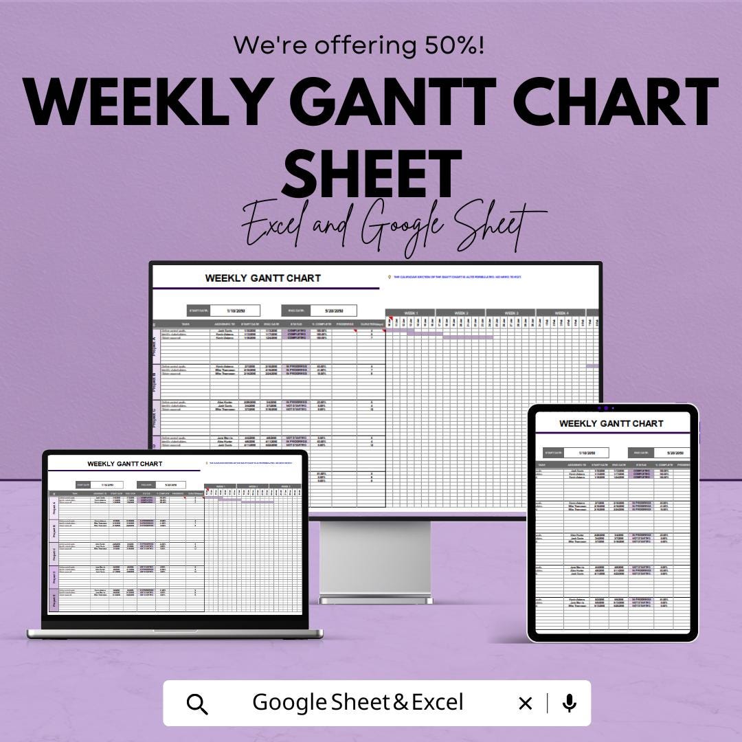 Weekly Gantt Chart Sheet | Project Planning Template | Task Tracker & Timeline | Editable Gantt Chart for Teams | Weekly Planner