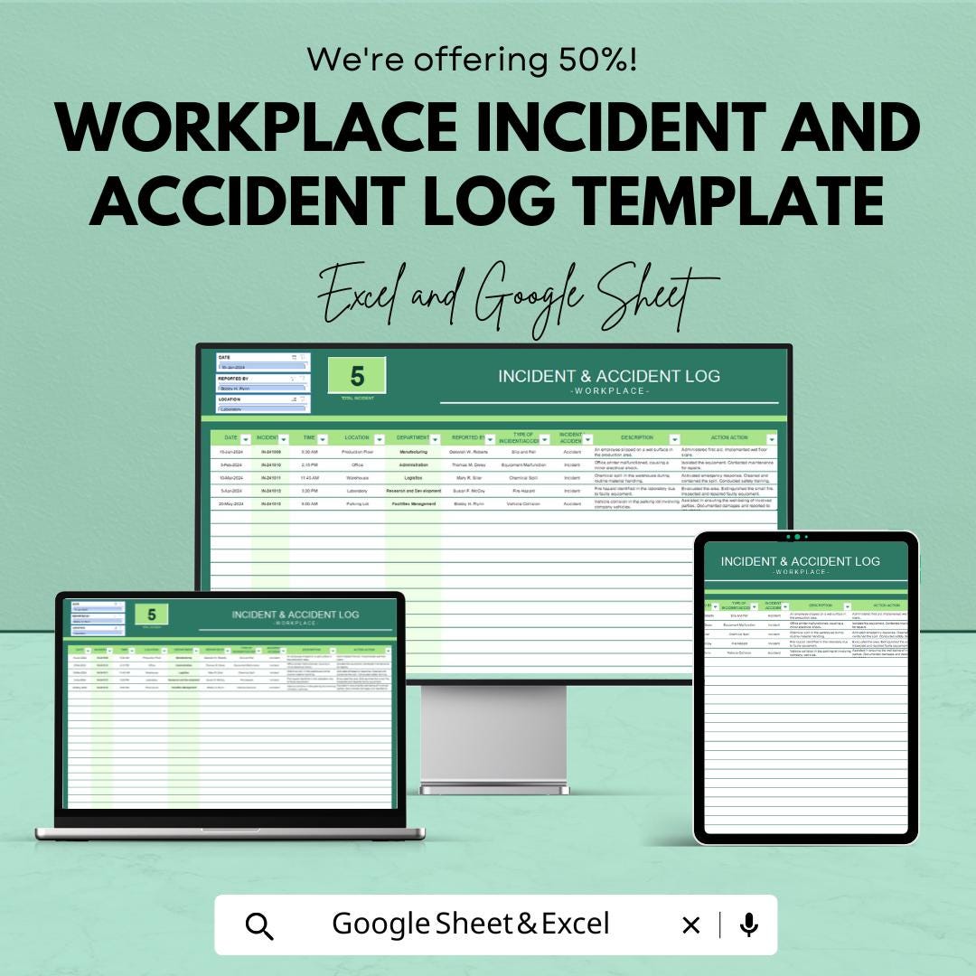 Workplace Incident and Accident Log Template | Safety Incident Report Tracker | Injury & Near Miss Log | Excel and Google Sheets