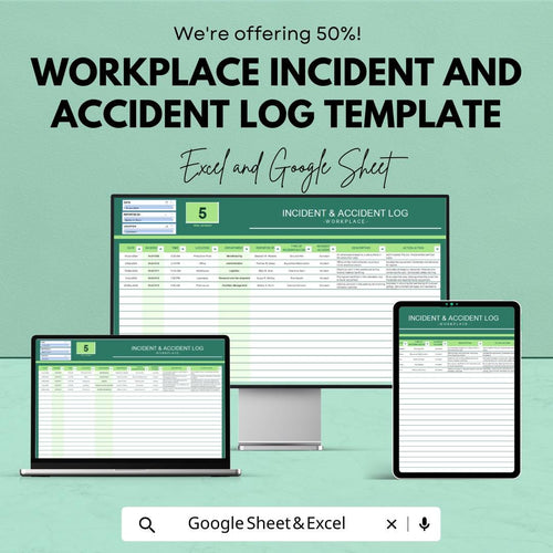 Workplace Incident and Accident Log Template | Safety Incident Report Tracker | Injury & Near Miss Log | Excel and Google Sheets
