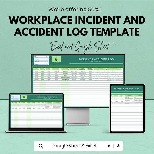 Workplace Incident and Accident Log Template | Safety Incident Report Tracker | Injury & Near Miss Log | Excel and Google Sheets