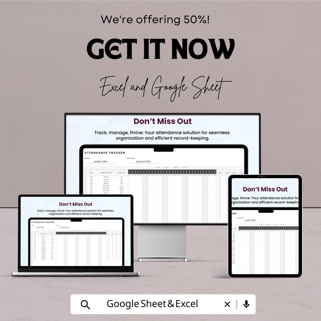 Printable Attendance Tracker Template | Employee Attendance Sheet | Monthly Staff Attendance Log | Excel & Google Sheets Tracker