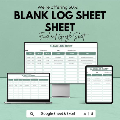 Blank Log Sheet Template | Excel and Google Sheet | Time Tracker for Meetings & Activities | Easy to Use | Instant Download