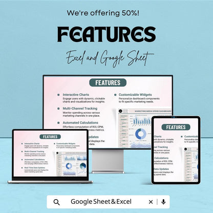Marketing Media Spend Dashboard | Excel & Google Sheets | Marketing Budget Tracker | Media Spend Metrics | Marketing Analytics Template