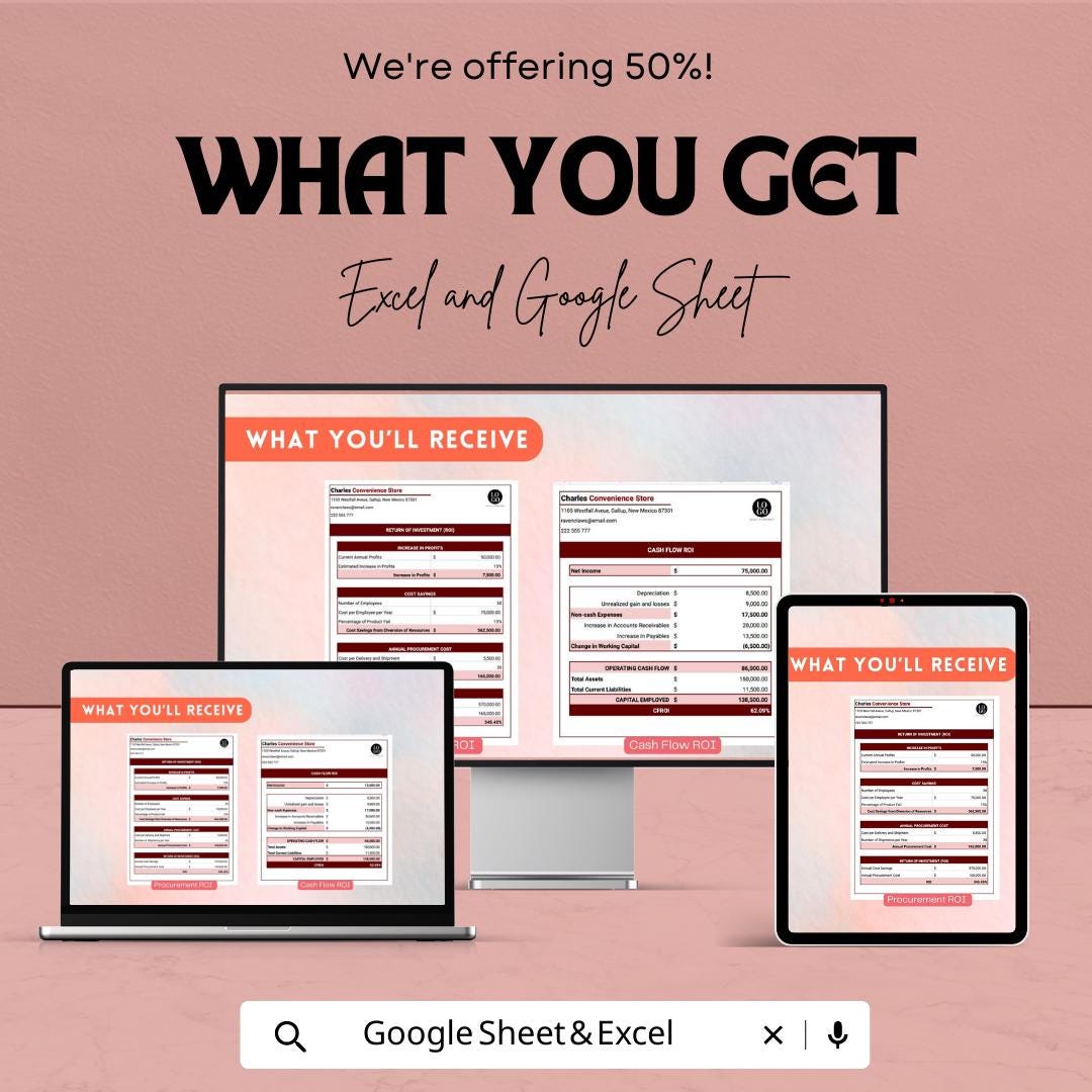 Procurement ROI Template Excel & Google Sheets | Cost Savings Calculator | Business ROI Tracker | Financial Analysis Spreadsheet