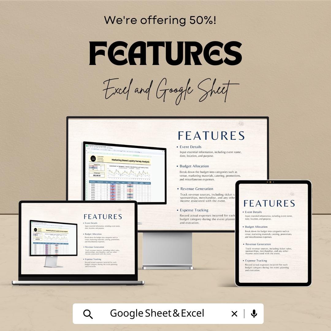 Marketing Brand Event ROI Calculator Sheet - Google Sheets  - Calculate Event ROI - Marketing Budget Tracker - ROI Performance Analysis
