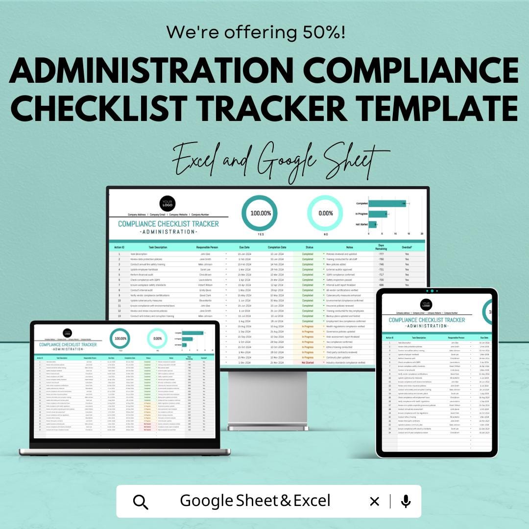 Administration Compliance Checklist Tracker Template  | Compliance Audit Tracker | Regulatory Checklist | Business Compliance Dashboard