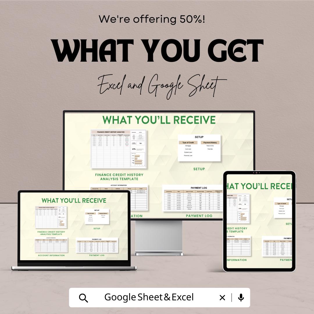 Finance Credit History Analysis Template | Credit Report Tracker | Financial Review Spreadsheet | Excel and Google Sheets | Credit Score Log
