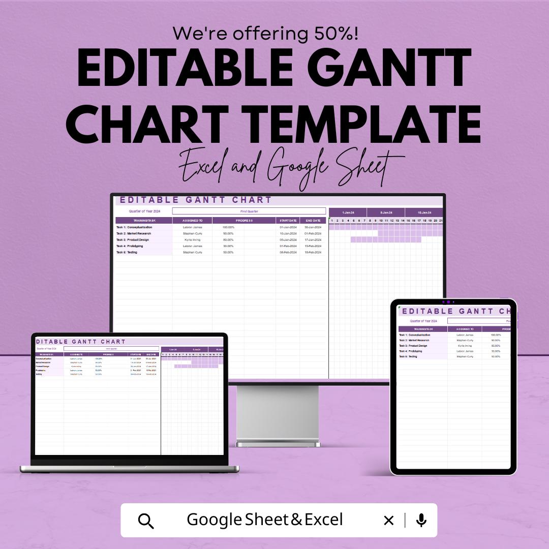 Editable Gantt Chart Template | Project Timeline Planner | Task Management Spreadsheet | Project Scheduling Template