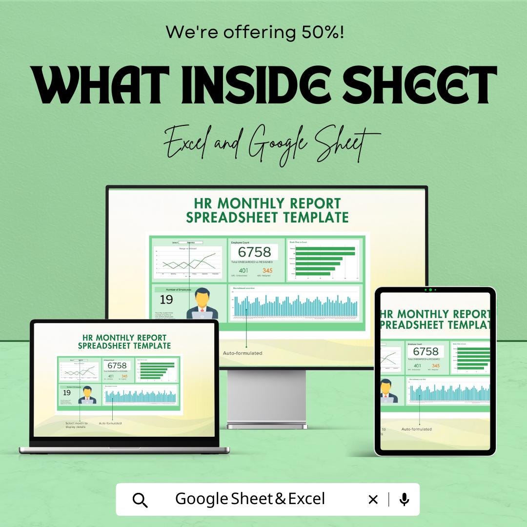 HR Monthly Report Spreadsheet Template | HR Dashboard for Excel and Google Sheets | Employee Tracking, Recruitment & HR Analytics