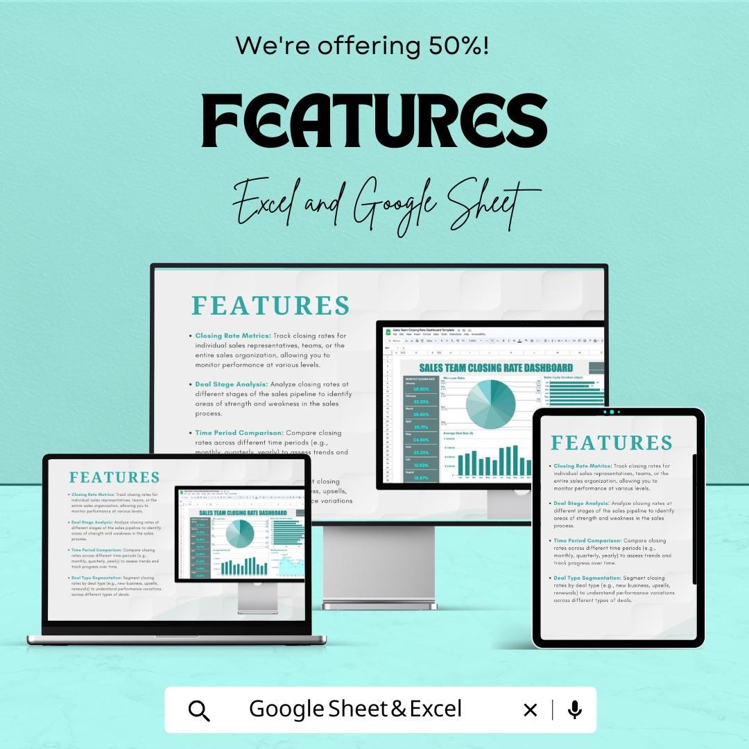 Sales Team Closing Rate Dashboard Sheet | Excel & Google Sheets Template | Monitor Sales Performance, Visual Metrics, and Data Insights