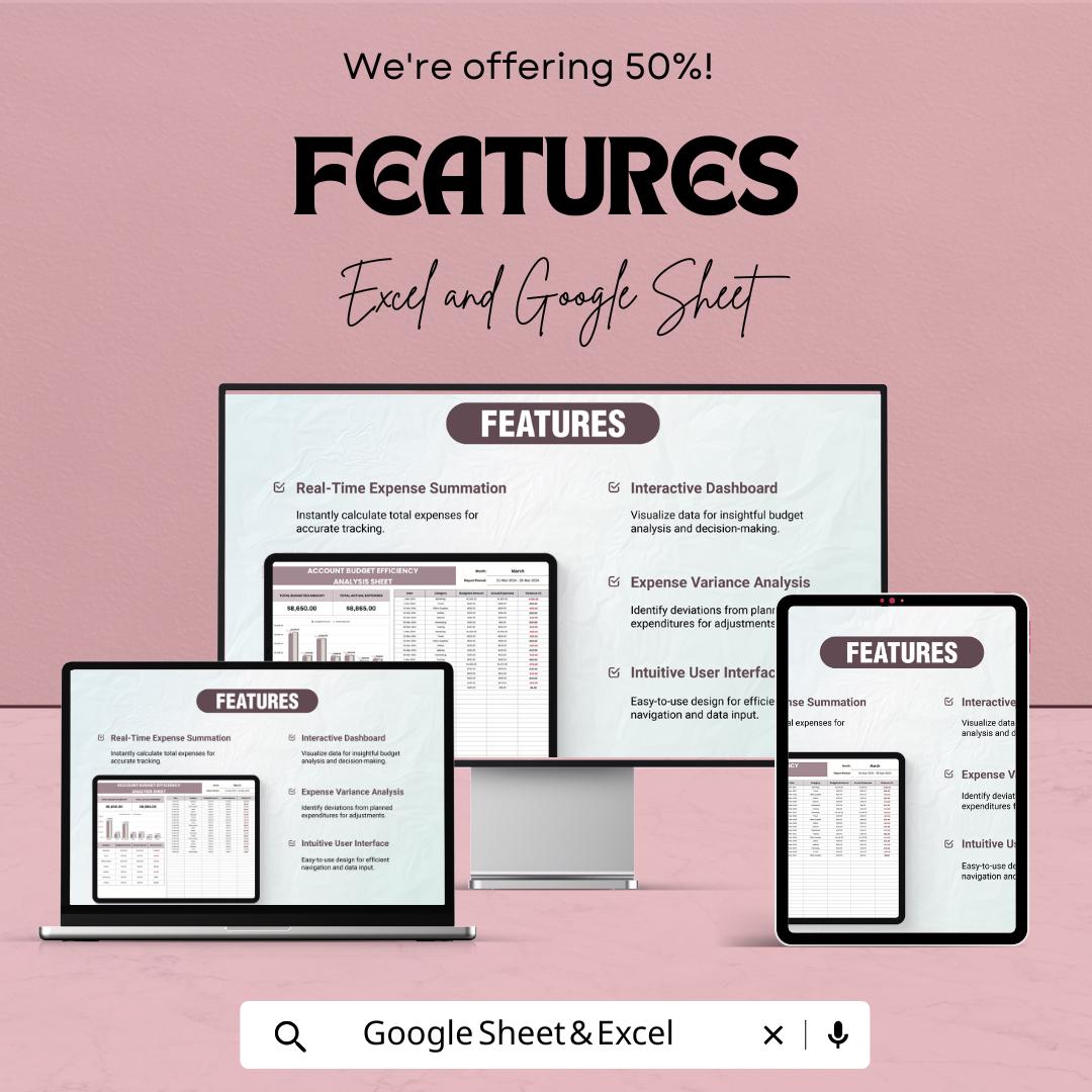 Account Budget Efficiency Analysis Sheet Template | Expense Tracker | Monthly Budget Planner | Financial Report Dashboard