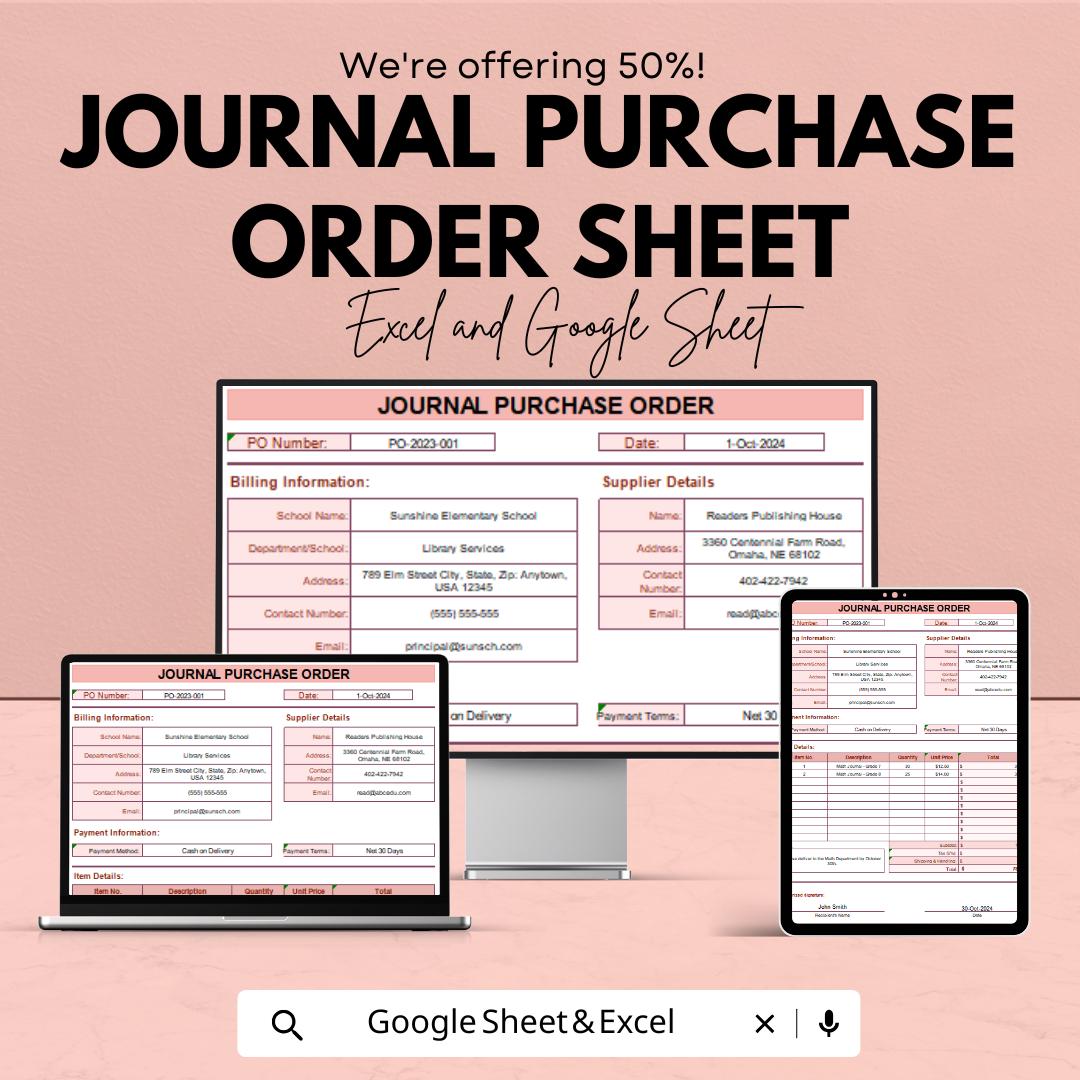 Journal Purchase Order Sheet | School and Library PO Form | Excel & Google Sheet Template | Billing, Supplier, Payment Info Tracker