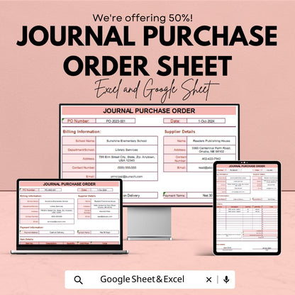 Journal Purchase Order Sheet | School and Library PO Form | Excel & Google Sheet Template | Billing, Supplier, Payment Info Tracker