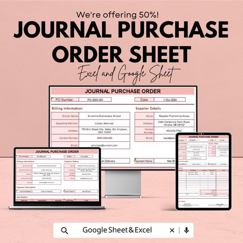 Journal Purchase Order Sheet | School and Library PO Form | Excel & Google Sheet Template | Billing, Supplier, Payment Info Tracker