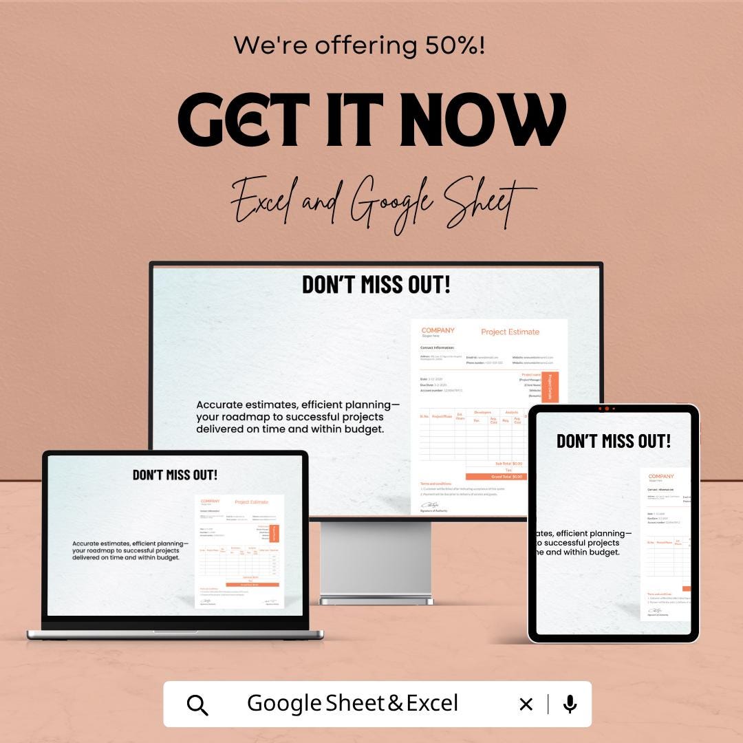 Sample Project Estimate Template | Project Cost Estimator Spreadsheet | Budget Planning Tracker | Excel & Google Sheets | Professional