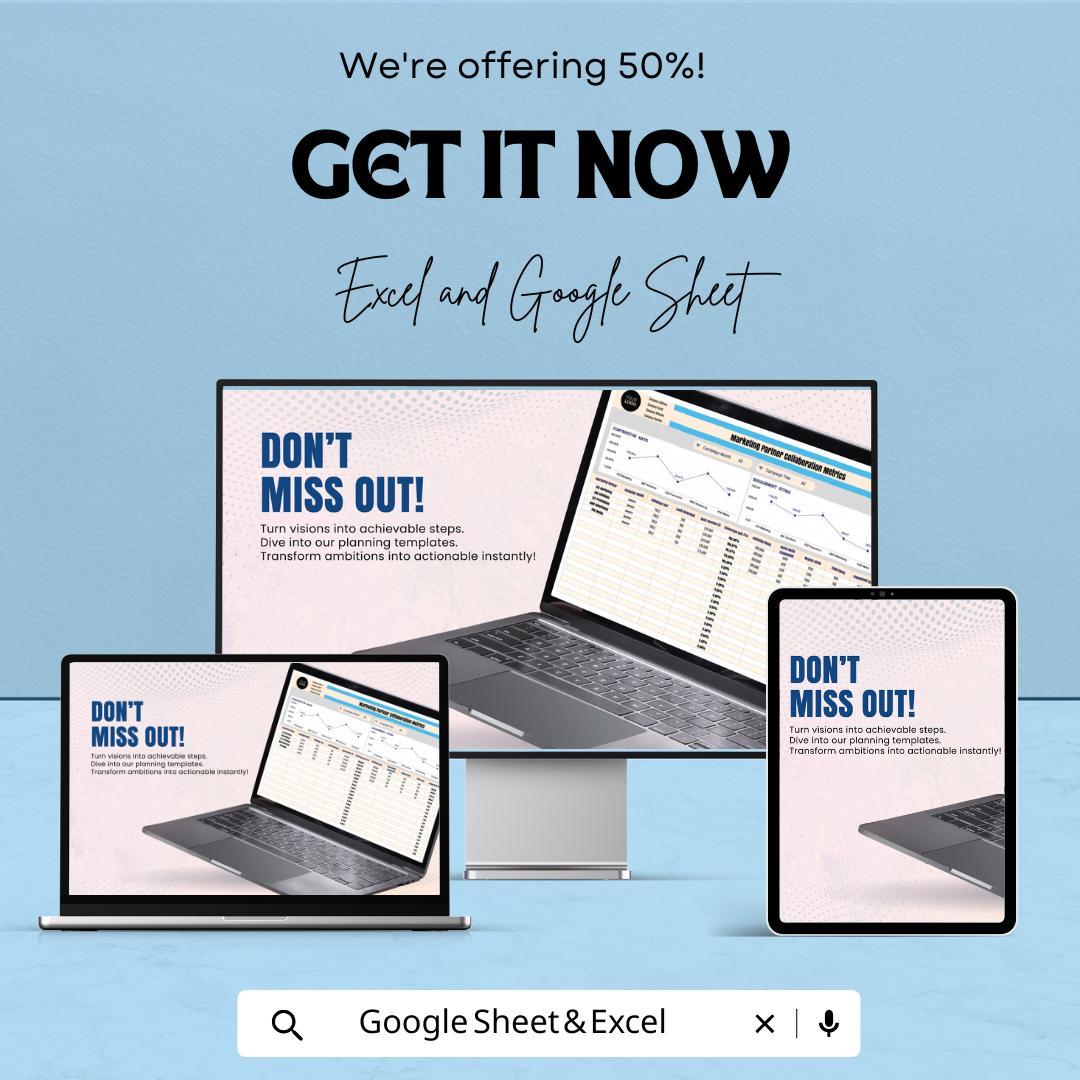 Marketing Partner Collaboration Metrics Sheet | Excel & Google Sheet | 50% OFF | Performance Tracking and Goal Setting Template