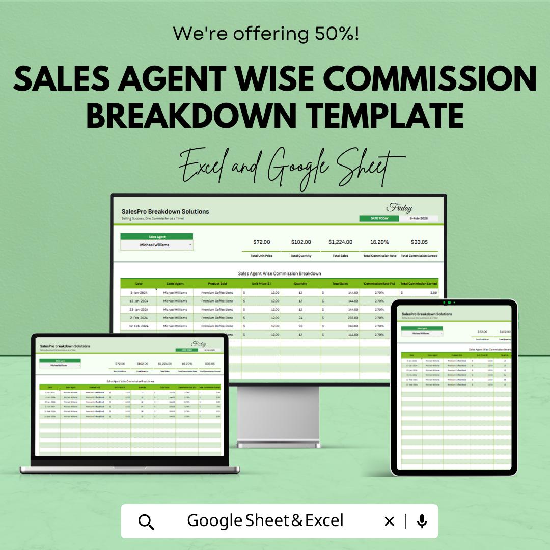 Sales Agent Wise Commission Breakdown Template | Sales Commission Tracker | Agent Performance Report | Excel & Google Sheets