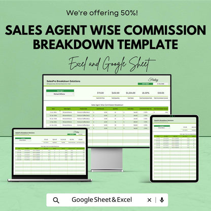 Sales Agent Wise Commission Breakdown Template | Sales Commission Tracker | Agent Performance Report | Excel & Google Sheets