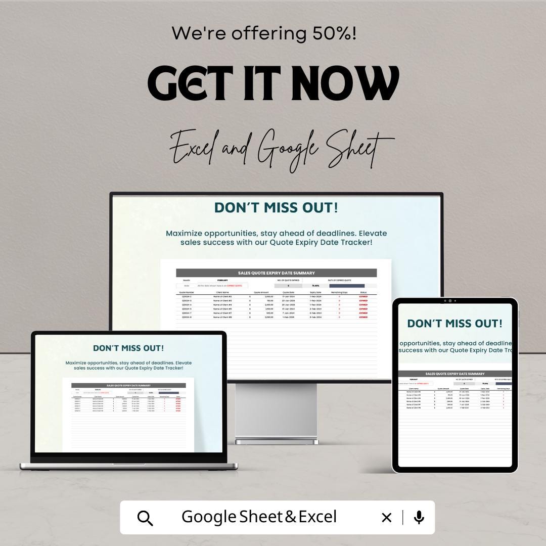 Sales Quote Expiry Date Tracker Template | Excel & Google Sheet | Quote Expiration Tracker | Sales Management Sheet | Quote Monitoring Tool