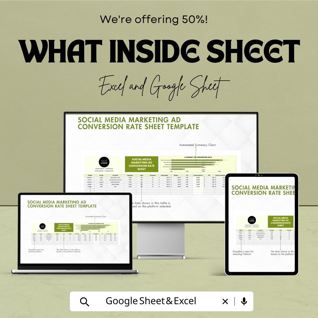 Social Media Marketing Ad Conversion Rate Sheet Template | Excel and Google Sheets | Ad Performance Tracker | Campaign ROI Dashboard |