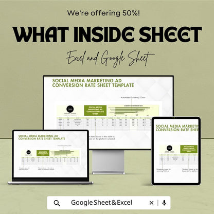 Social Media Marketing Ad Conversion Rate Sheet Template | Excel and Google Sheets | Ad Performance Tracker | Campaign ROI Dashboard |