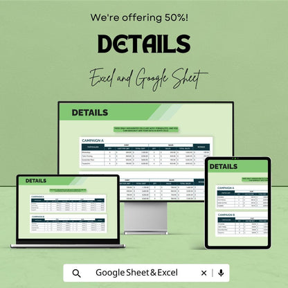 Marketing ROI Calculator Template | Excel and Google Sheets ROI Tracker | Marketing Cost and Revenue Analysis | Campaign Performance Report