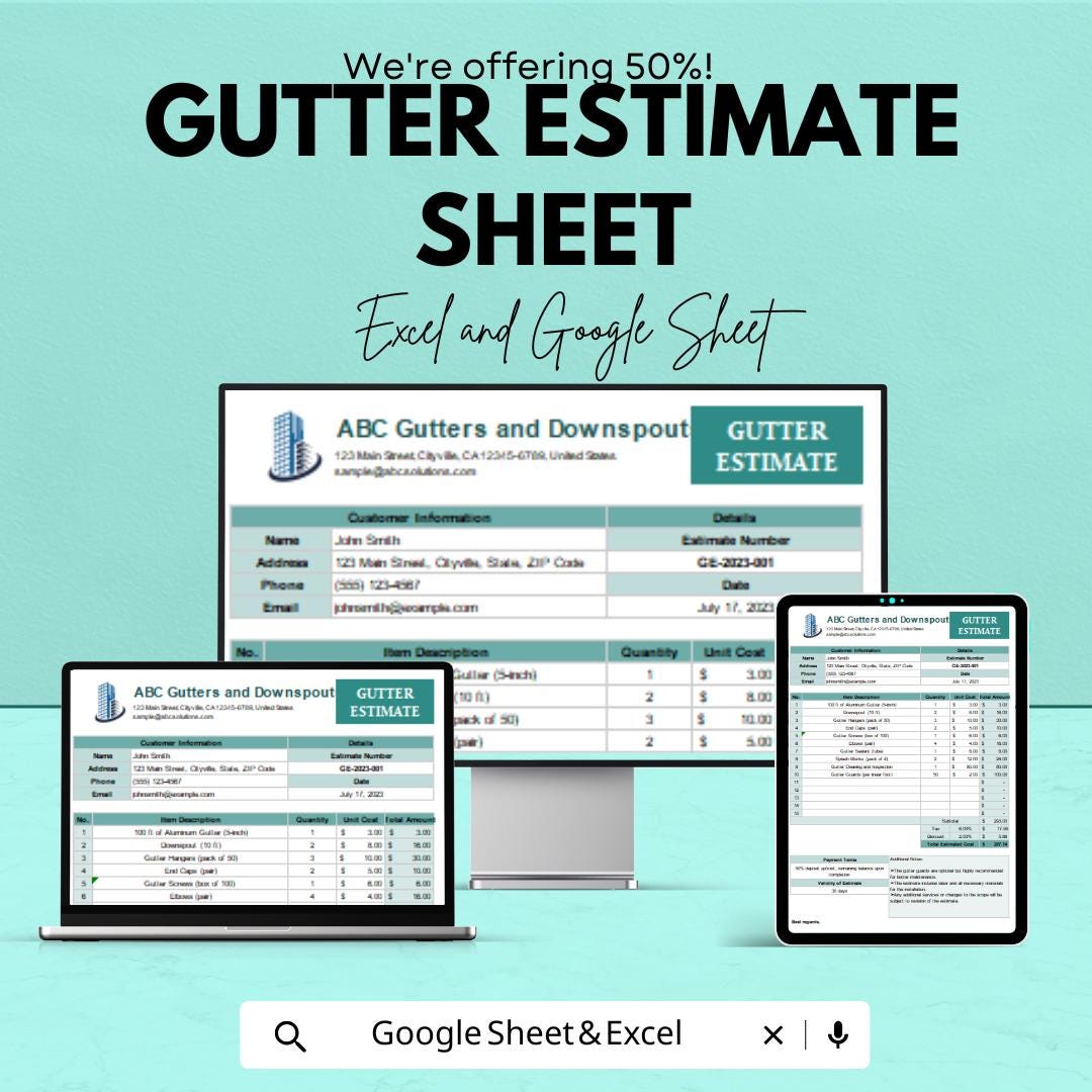 Gutter Estimate Template Sheet - Professional Building & Home Gutter Cost Estimation | Easy to Use Gutter Estimate Spreadsheet