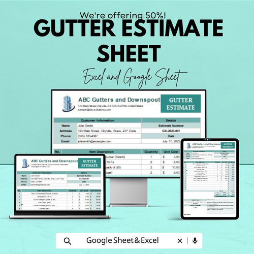 Gutter Estimate Template Sheet - Professional Building & Home Gutter Cost Estimation | Easy to Use Gutter Estimate Spreadsheet