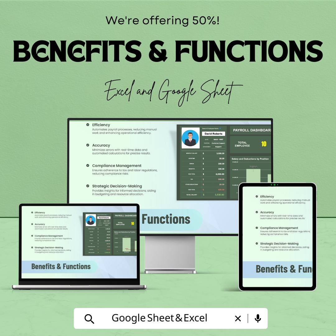 Payroll Dashboard Excel & Google Sheet - Real-Time Employee Salary Management, Compliance Tracking, Customizable Reports