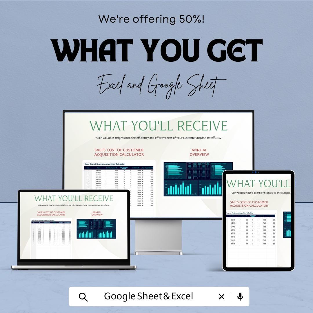 Sales Cost of Customer Acquisition Calculator Template | Marketing Cost Tracker | Customer Acquisition Analysis Spreadsheet