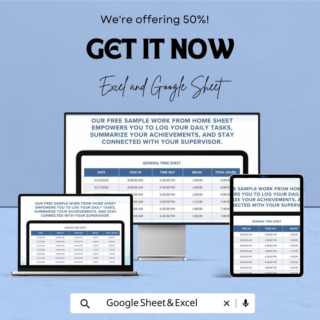 Sample Work From Home Sheet | Employee Time Tracker | Work Log Template for Excel & Google Sheets | Daily Log | Time Management
