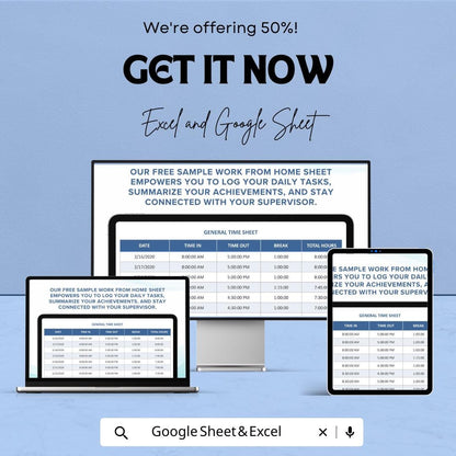 Sample Work From Home Sheet | Employee Time Tracker | Work Log Template for Excel & Google Sheets | Daily Log | Time Management